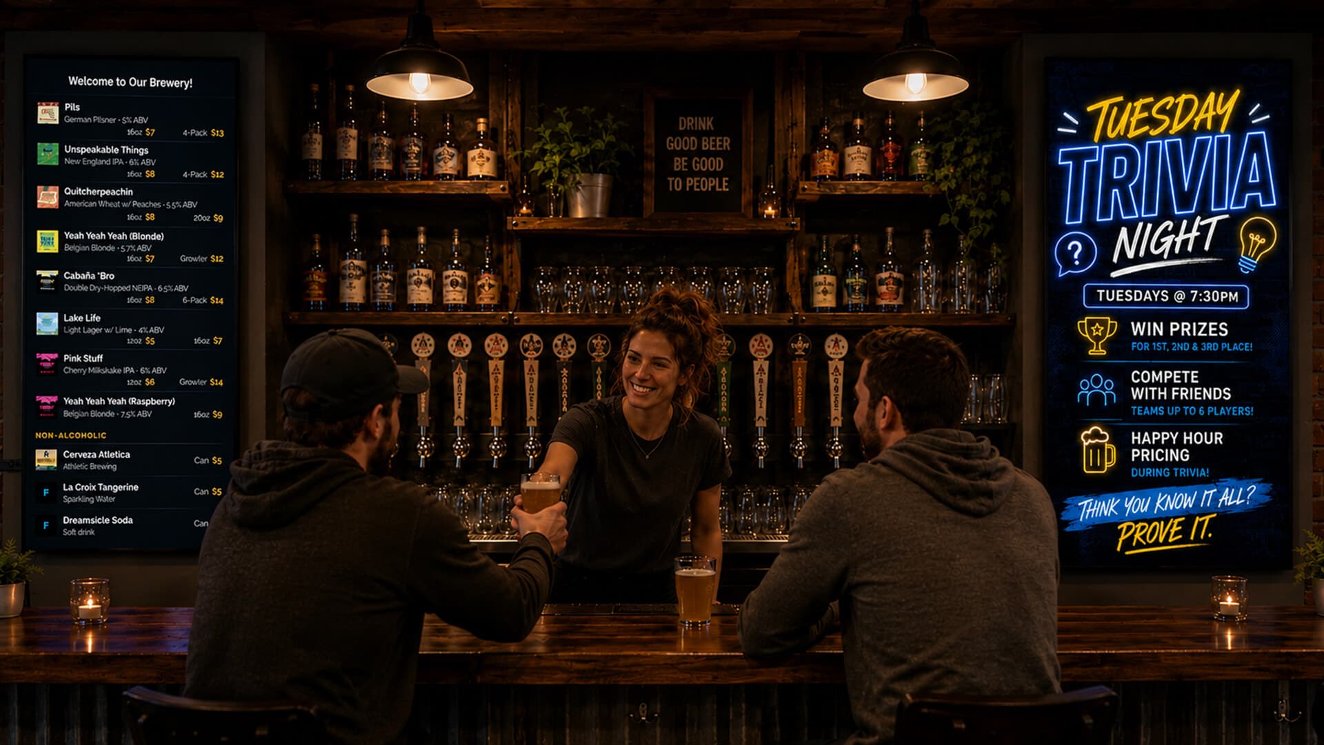 Two BrewerBoard TVs flanking a craft brewery bar showing different content side by side: a vertical tap list with beer and non-alcoholic sections on the left, and a Tuesday Trivia Night event promotion on the right