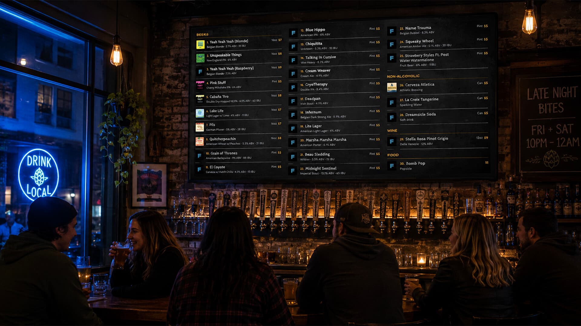 A dense multi-category BrewerBoard beer menu on a taproom TV