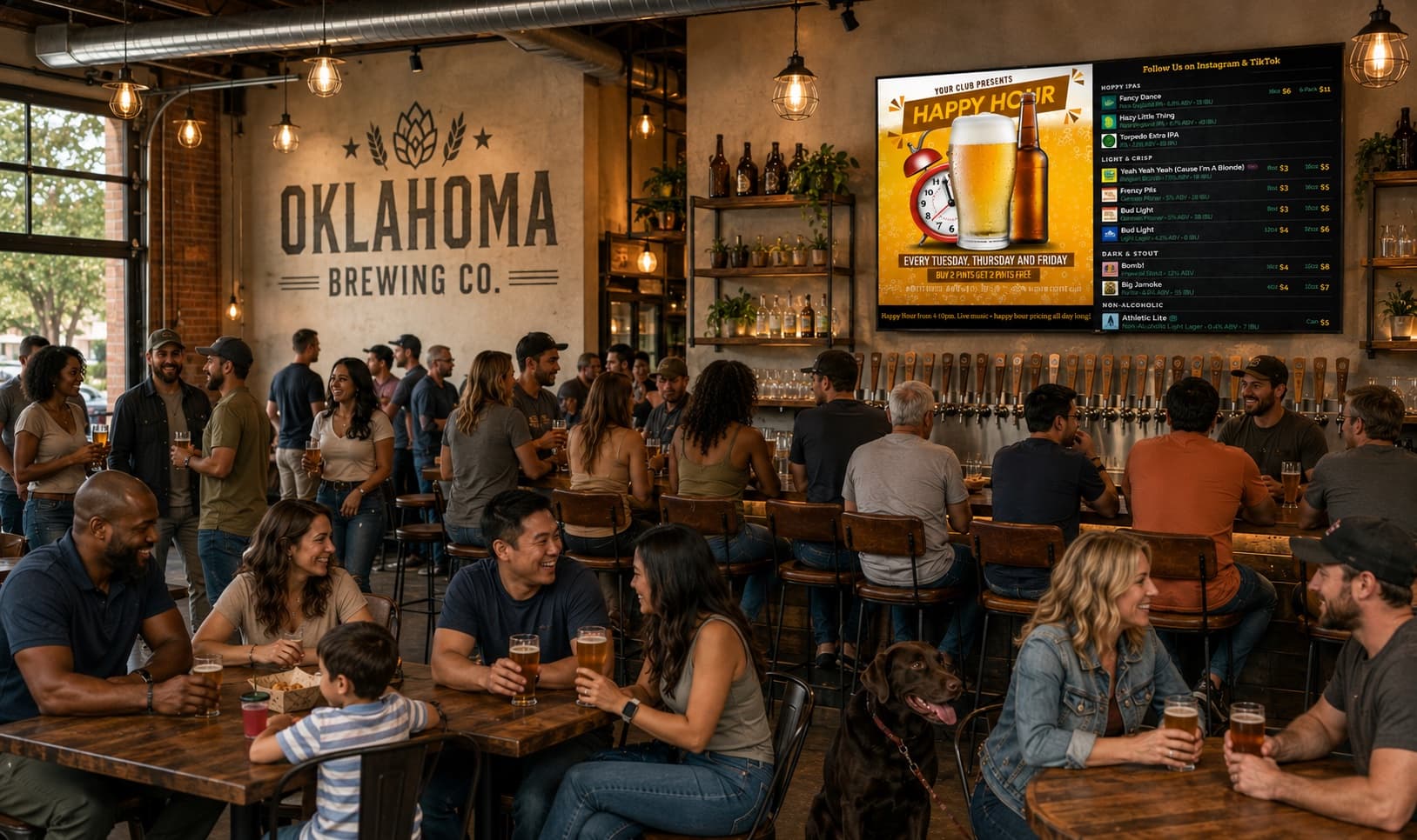 A busy craft-brewery taproom with a BrewerBoard tap list display mounted above the bar, showing Happy Hour promo and a multi-category beer menu