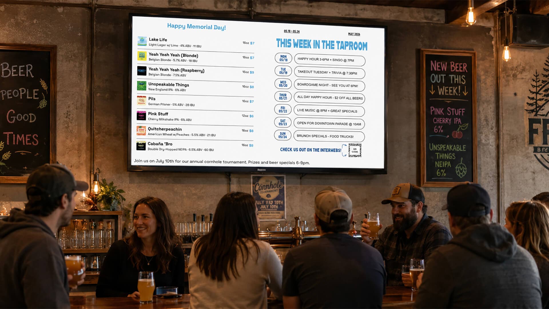 A BrewerBoard tap list display running on a TV above a taproom bar